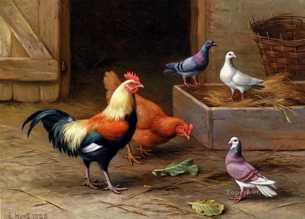 Hunt Edgar 1870 1955 Chickens Pigeons and a Dove Oil Paintings